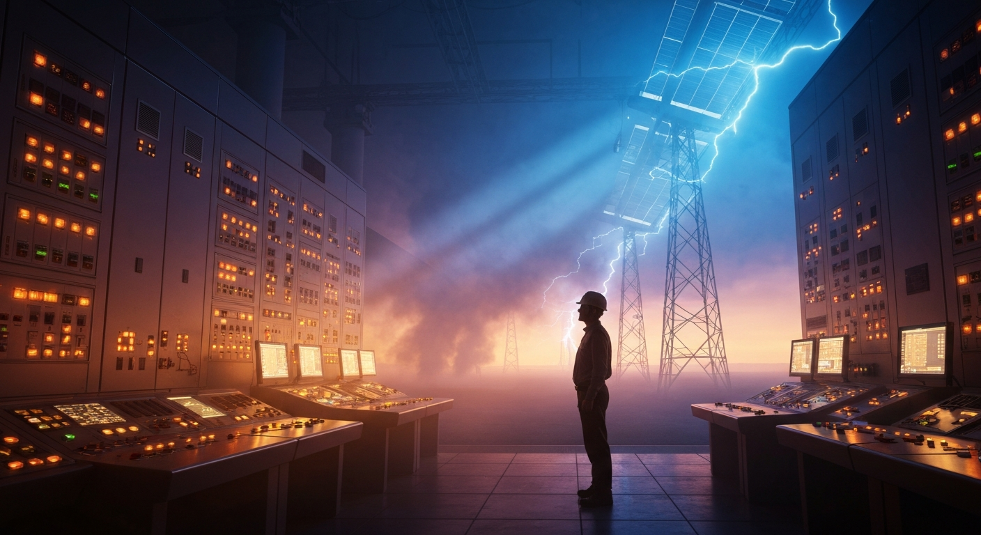 Cinematic hyperrealistic art: A lone electrical engineer stands in a vast, warmly lit power station control room at dusk, sur