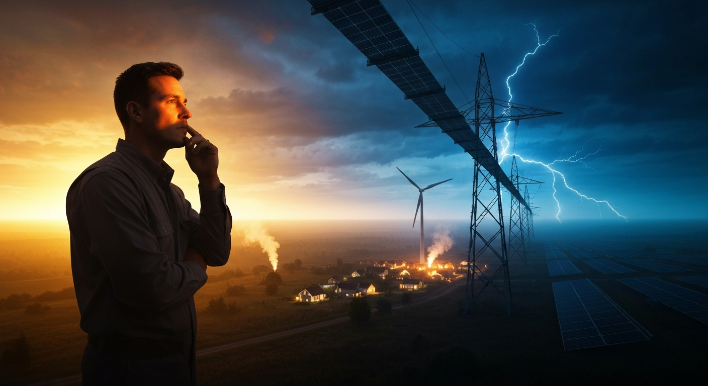 Cinematic hyperrealistic digital art: a lone engineer, mid-30s, with a thoughtful expression, standing silhouetted against a