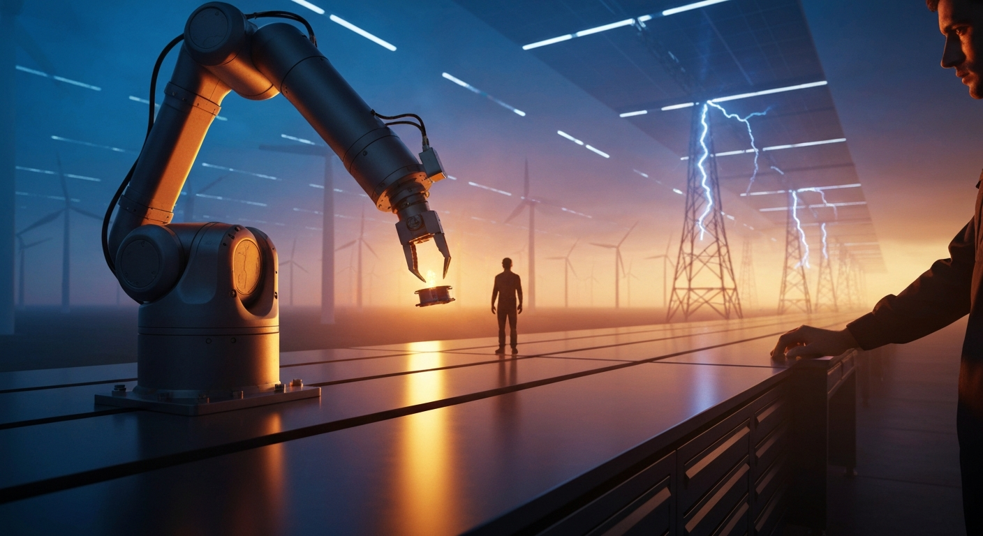 Cinematic hyperrealistic art: A robotic arm with a sensitive gripper gently holding a small, intricate component in a dimly l