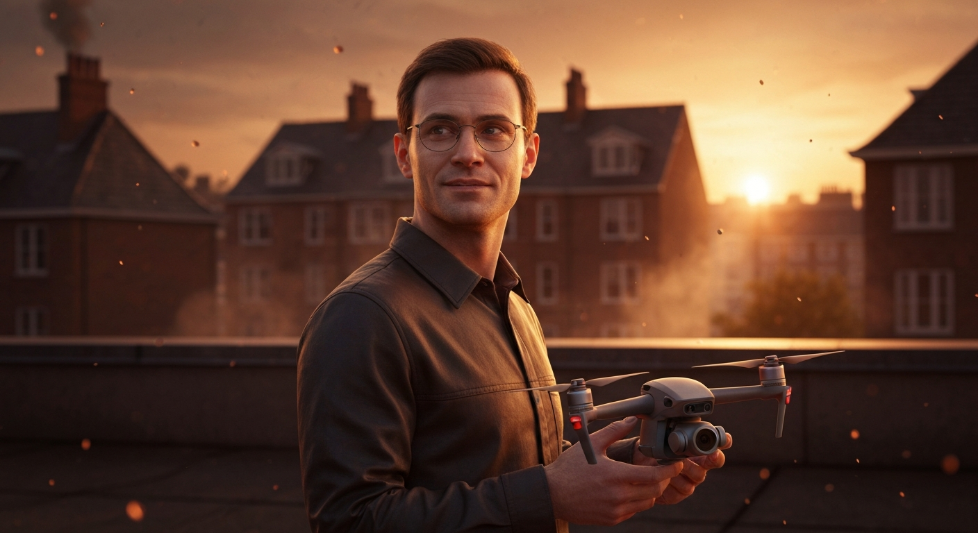 Cinematic hyperrealistic art: An engineer with a serious but hopeful expression, standing on a rooftop at dusk, holding a sle