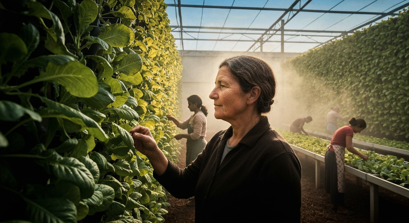 Cinematic hyperrealistic art: A thoughtful woman with gentle wrinkles, possibly an urban farmer, stands at eye-level with a l