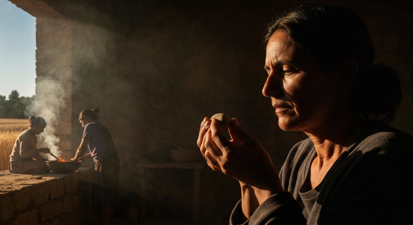Cinematic hyperrealistic art: a contemplative woman in her late 40s, softly illuminated by a warm amber light from a window,