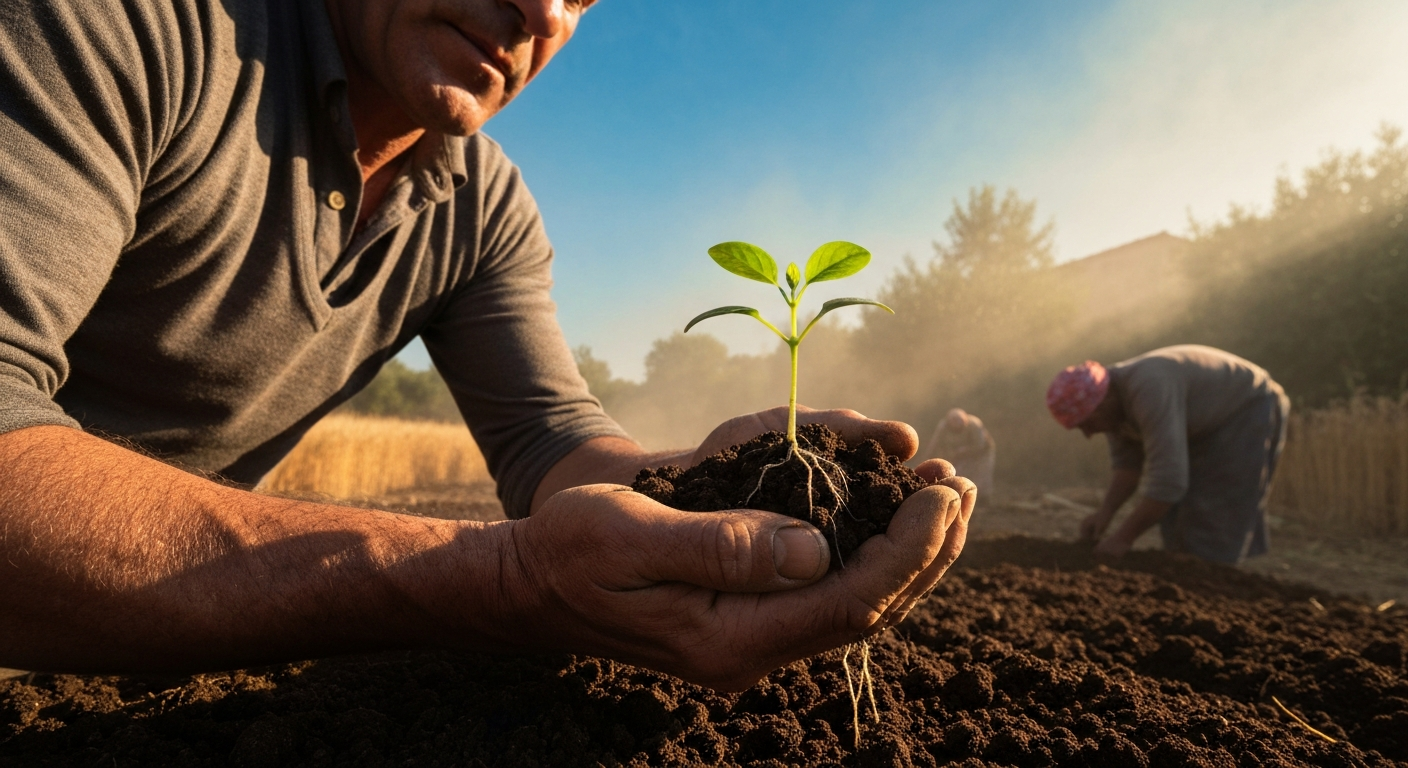 Cinematic hyperrealistic art: a farmers weathered hand gently holding a handful of rich, dark soil from which a single vibra