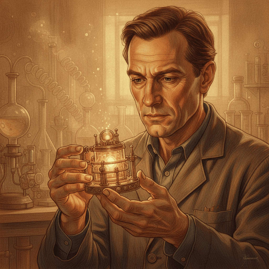 Cinematic hyperrealistic art: A scientist in a warmly lit, slightly shadowy laboratory, holding a small, intricate device tha