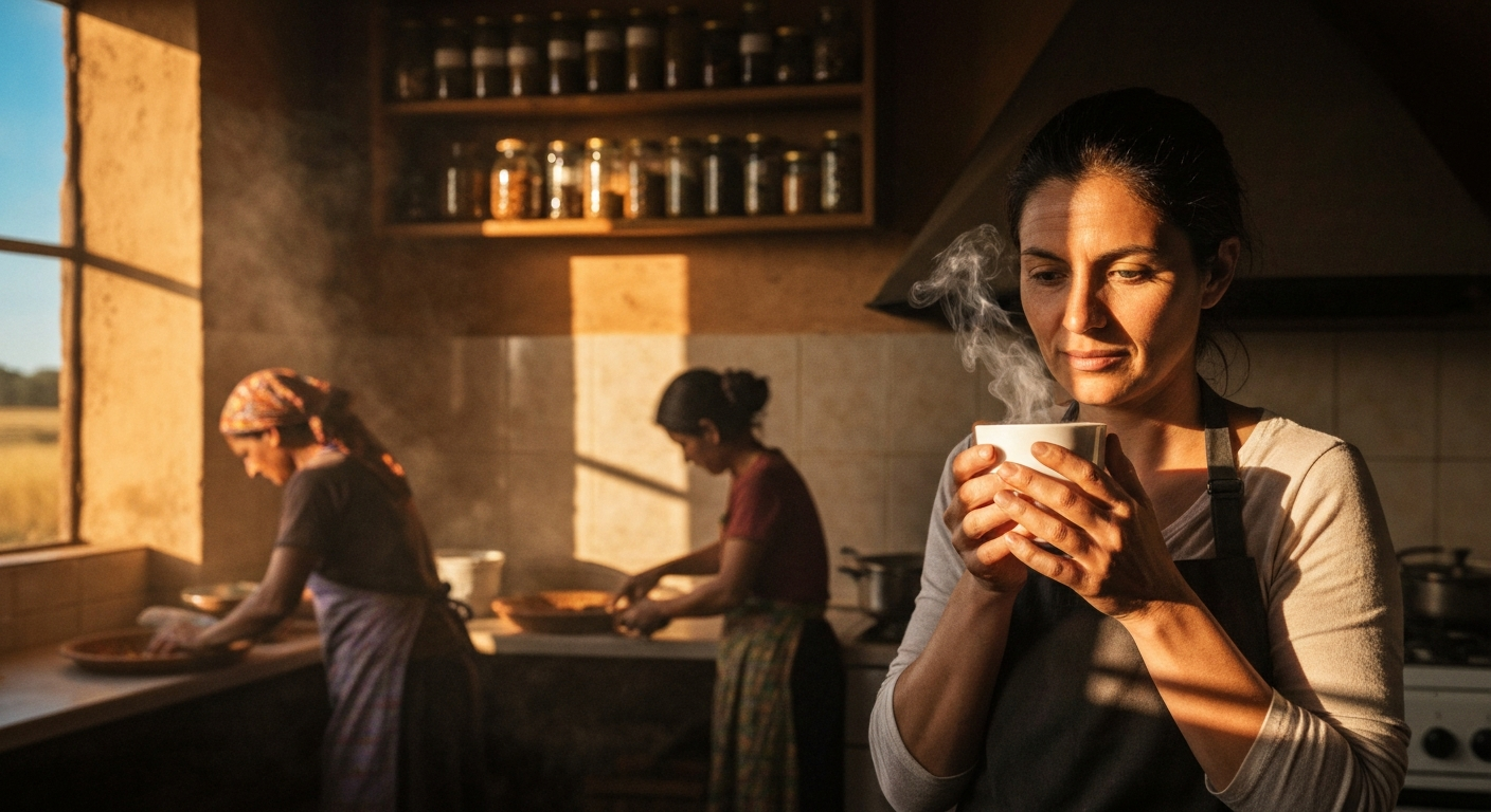 Cinematic hyperrealistic art: A woman in a softly lit kitchen, holding a steaming cup of tea with a contemplative expression.