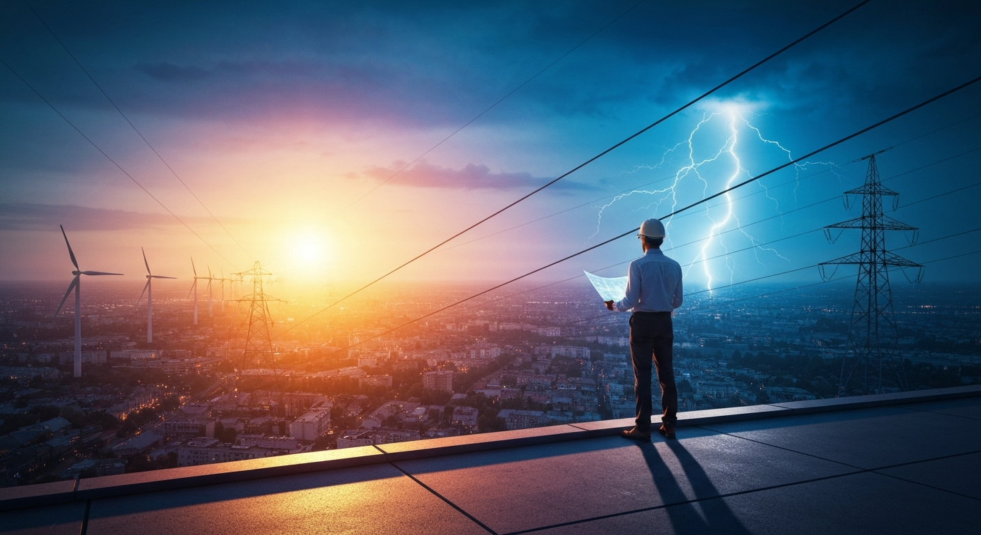 Cinematic hyperrealistic art: A lone, thoughtful urban planner stands on a rooftop overlooking a sprawling city at dusk. Gold