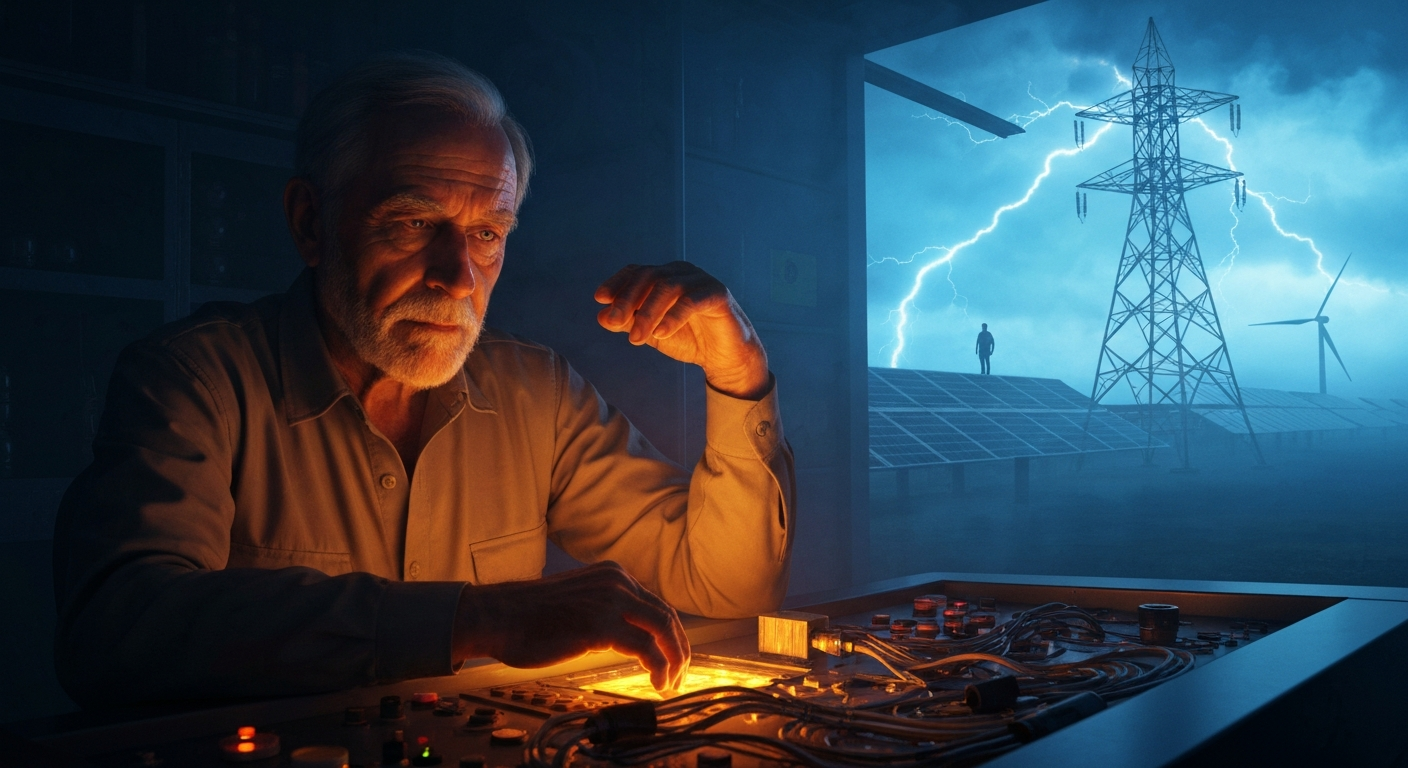 Cinematic hyperrealistic art: An aged, thoughtful engineer, hands resting on a glowing, intricate console adorned with subtle