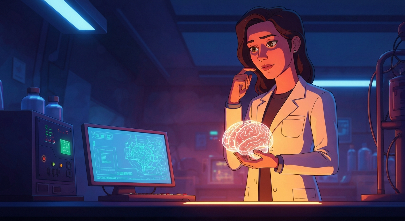Cinematic hyperrealistic art: A thoughtful female neuroscientist, perhaps in her late 30s, stands in a dimly lit, high-tech l