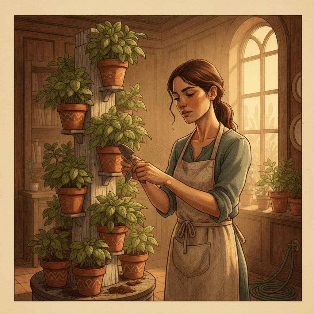 Cinematic hyperrealistic digital art: A young woman, deeply engrossed, tending to lush green basil plants growing in a tall,