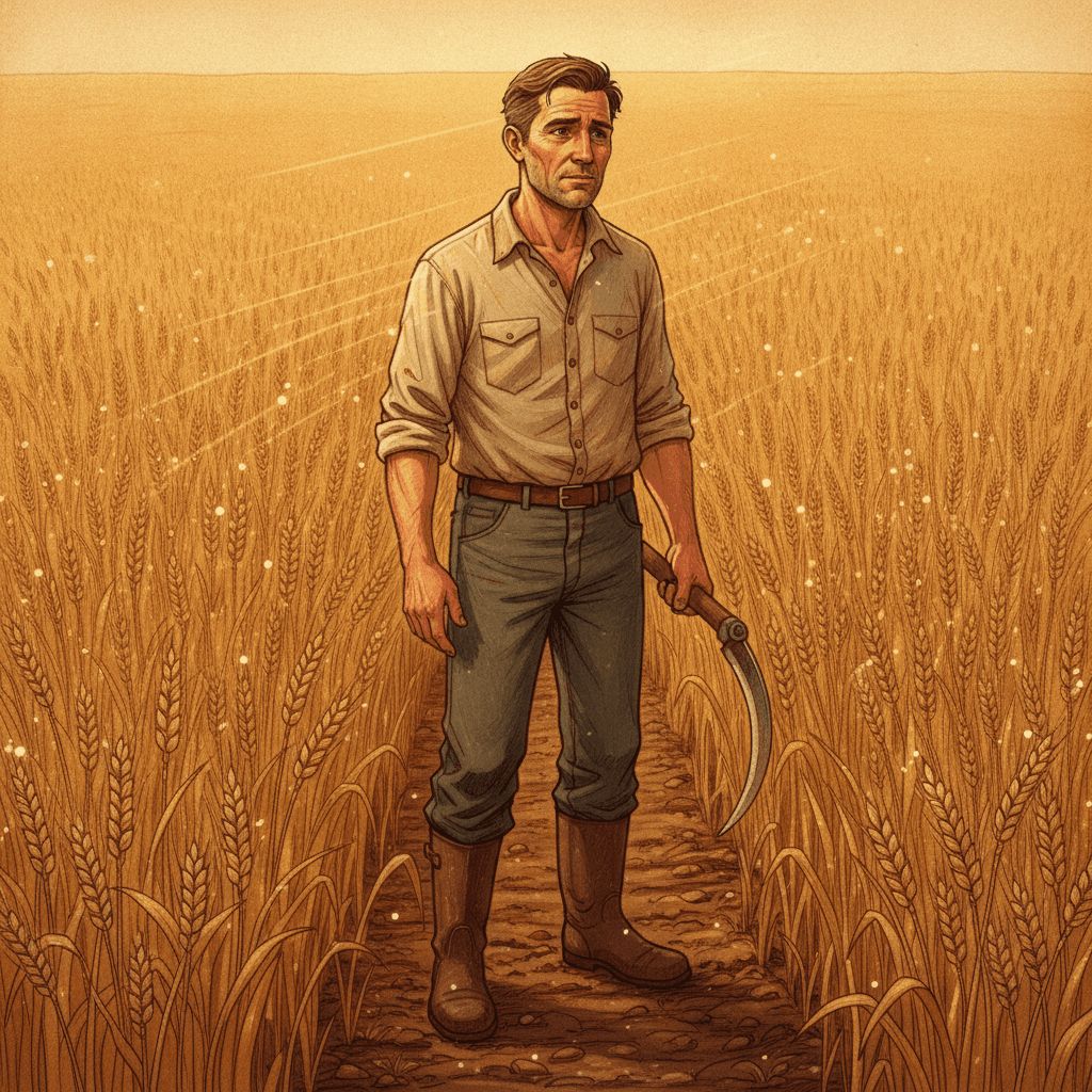 Cinematic hyperrealistic art: A weathered farmer, mid-40s, stands in a vast golden wheat field at golden hour. His face is et