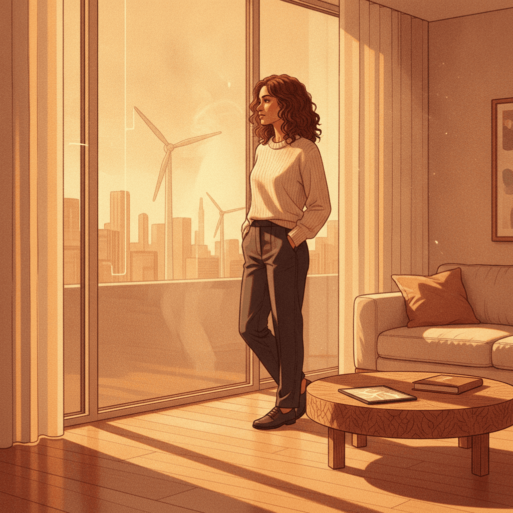 Cinematic hyperrealistic art: a contemplative person stands in a modern, sunlit living room, looking out a large, clean windo