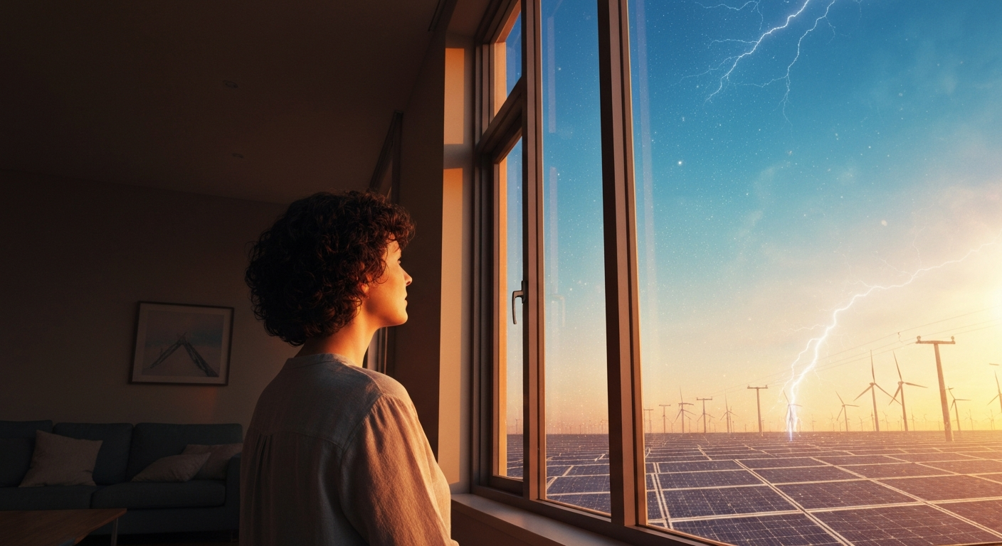 Cinematic hyperrealistic art: a contemplative woman in her late 30s, with short, curly dark hair, gazing out a large, sun-dre