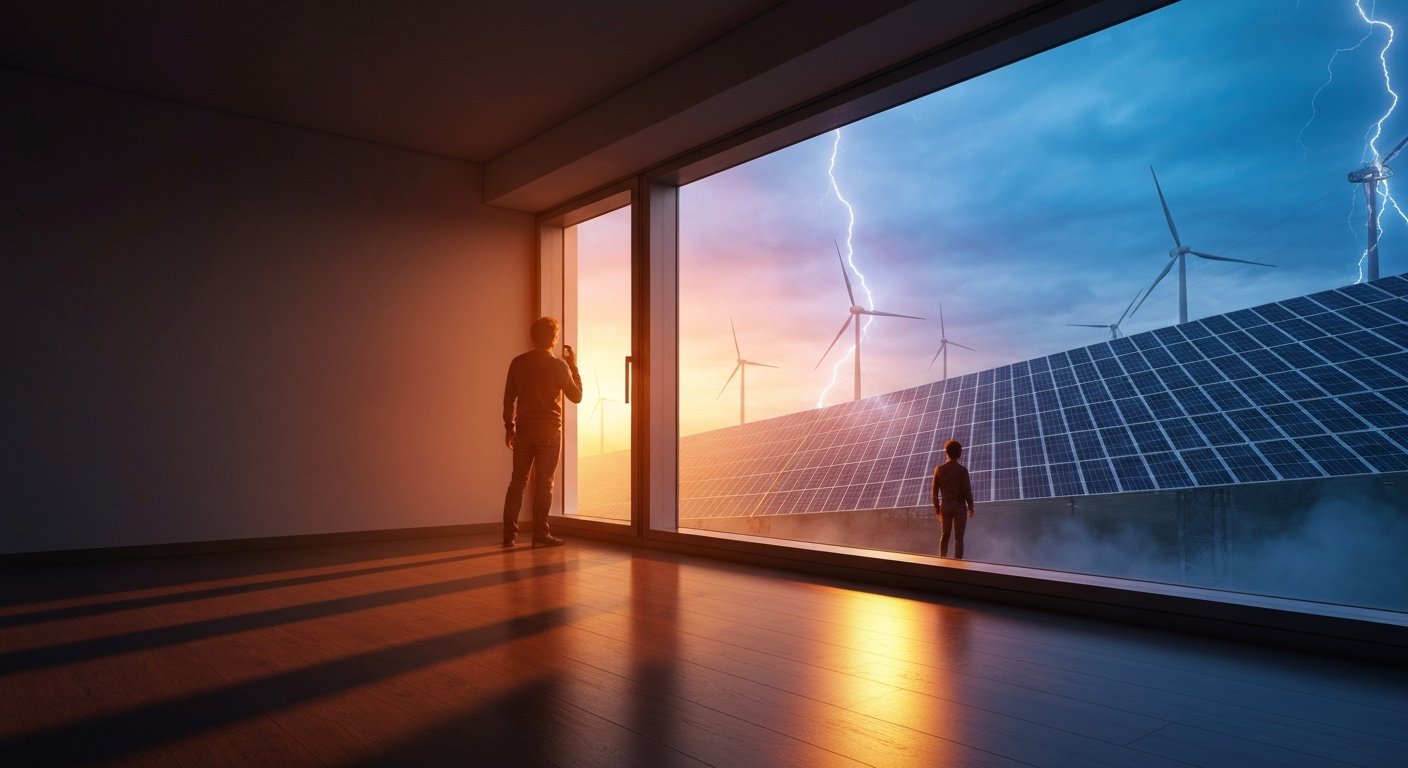 Cinematic hyperrealistic digital art: a person gazing out a large, softly glowing window pane that subtly hints at power gene
